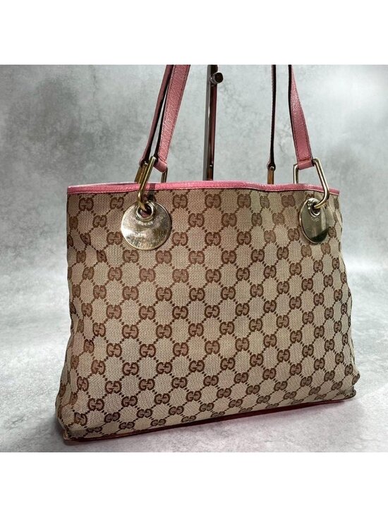 Gucci Handbags - Gucci GG Tote Pink Canvas Leather Beige Logo